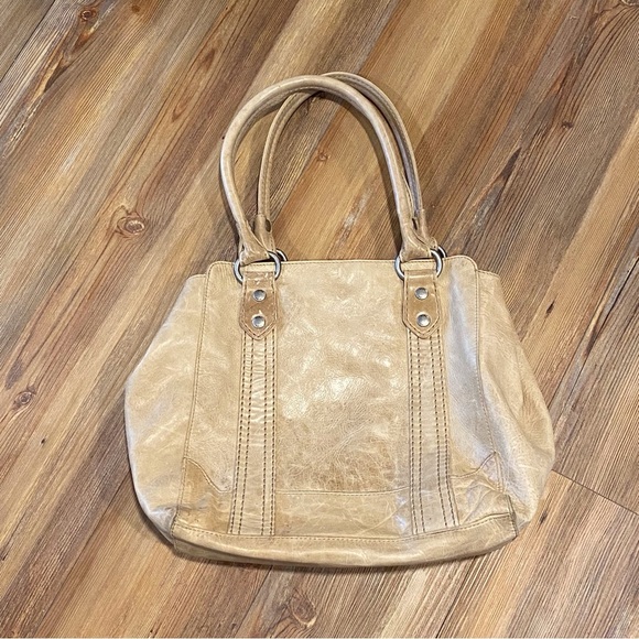 Frye Tan Shoulder Bag with Metallic Hardware and Stitched Panels - Picture 3 of 13